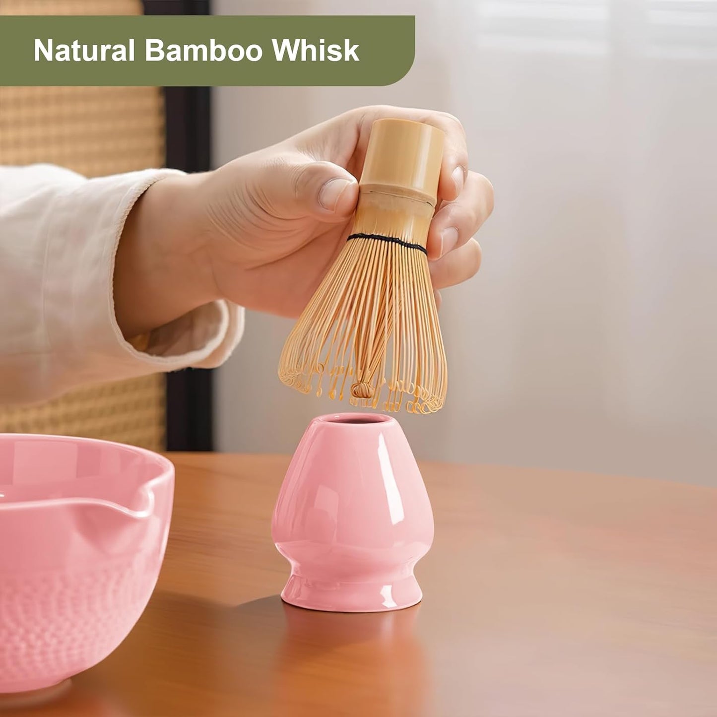 Matcha Whisk Set Pink, Ceramic Matcha Set Included Matcha Bowl with Spout, Matcha Whisk and Holder, Sifter, Bamboo Scoop, 5 Pcs Matcha Bowl and Whisk Kit for Matcha Lovers for Birthday Christmas