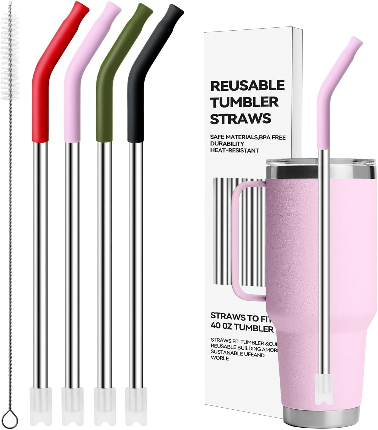 Stainless Steel Straws for 42 oz YETI Tumbler, 4 Pcs Metal Straws Reusable with Silicone Tip for 42 oz YETI, 30oz Stanley Cup(Color 3)