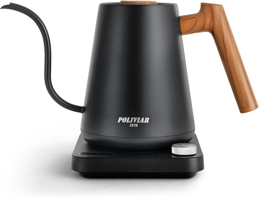 POLIVIAR Electric Gooseneck Kettle, 1350W Electric Tea Kettle Wood Pattern Handle, 34oz Pour Over Electric Kettle for Coffee & Tea, 18/8 Stainless Steel Inner, Temperature Control & Rapid Heating