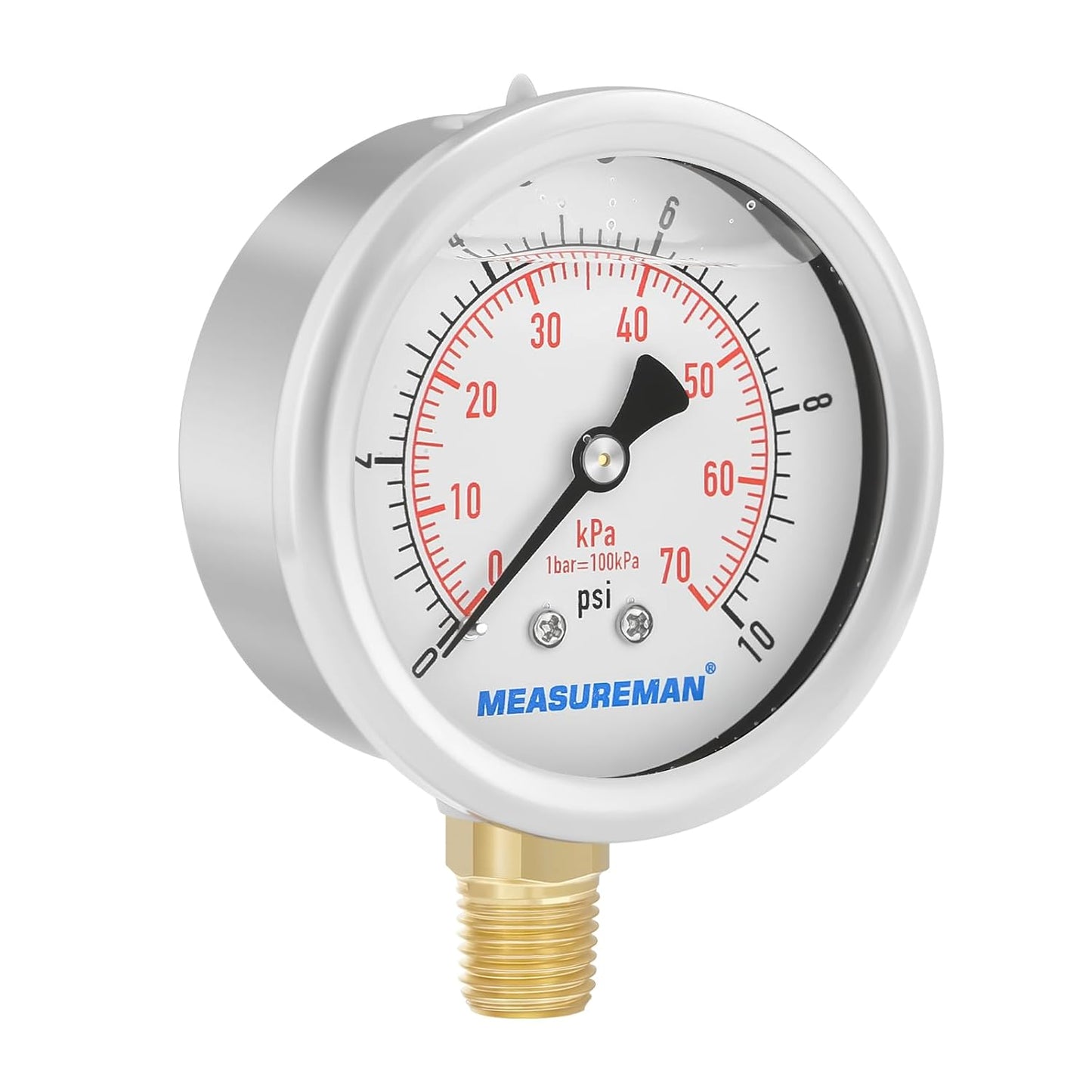 MEASUREMAN 2-1/2" dial,Glycerin Filled, Stainless Steel case, Brass Inside, 0-10psi/kpa,1/4" NPT Lower Mount