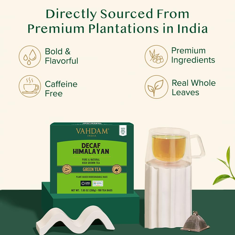 VAHDAM, Decaf Himalayan Green Tea Bags (100 Pyramid Tea Bags) Caffeine Free, Gluten Free | High Grown Decaf Green Tea | Resealable Ziplock Pouch | Pyramid Tea Bags