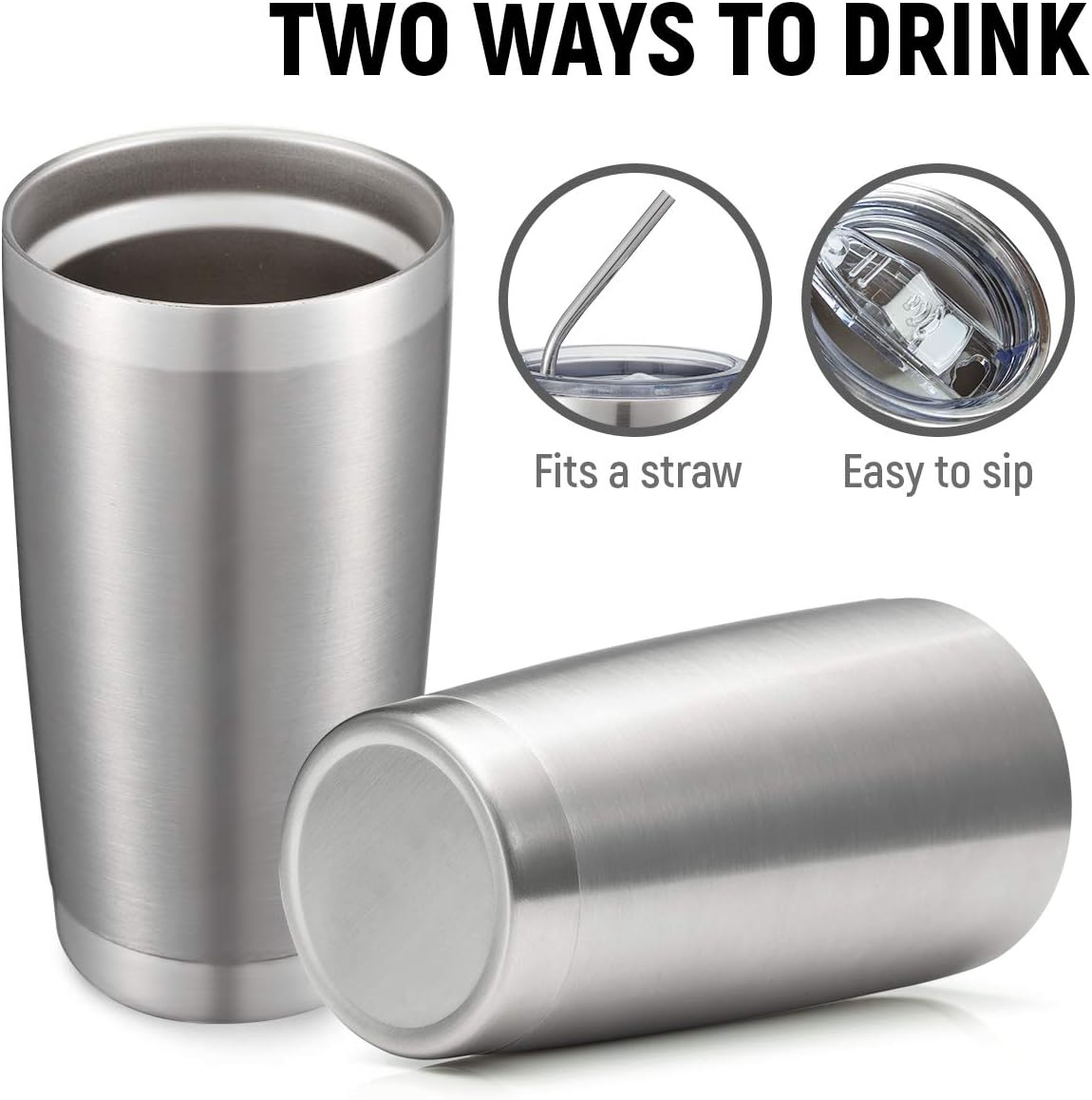 COMOOO 20oz Double Wall Vacuum Insulated Travel Mug, Stainless Steel Tumbler with Lid and Straw Durable Powder Coated Insulated Coffee Cup for Cold & Hot Drinks (Silver. 2 pack