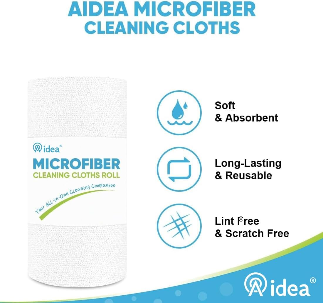 AIDEA Microfiber Cleaning Cloth Roll, White Shop Towels 55 Sheets Washable, Microfiber Towels for Cars, White Rags Reusable Paper Towel for Automotive, Workshop, House, Kitchen, Cleaning Supplies11×9"