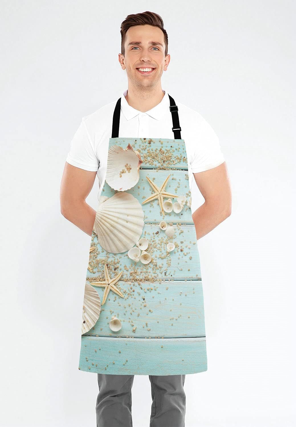 Ocean Beach Funny Apron for Women and Men, Wooden Seashell Adjustable Kitchen Chef Apron for Cooking Baking - Cute Birthday, Anniversary, Mother's Day Apron Gifts for Mom Wife Girlfriend Aunt Grandma