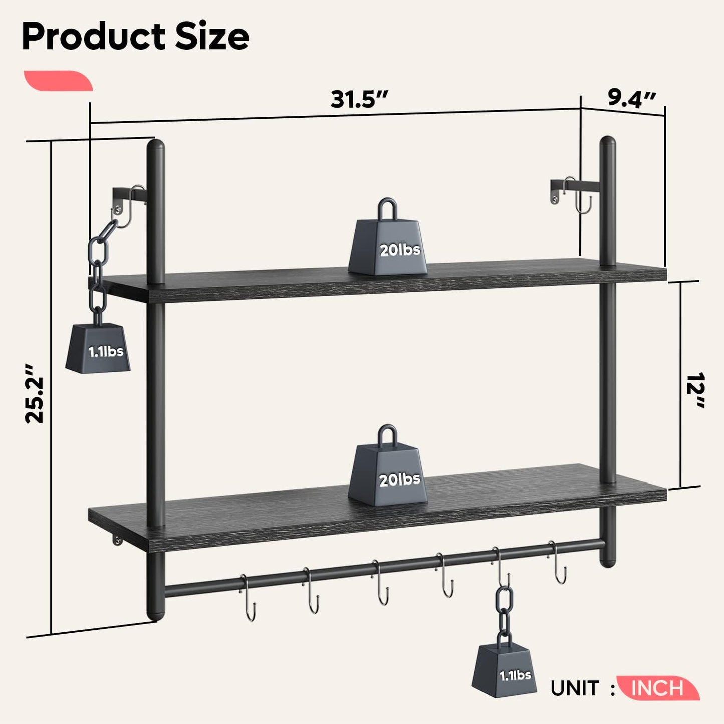 Bestier Pipe Shelf Industrial Floating Shelving 31" Kitchen Wall-Mounted Shelf Towel Bar Hooks Coffee Bar Shelves Wine Hanging Display Rack Bookshelf Living Room Decor Bathroom-Charcoal Black