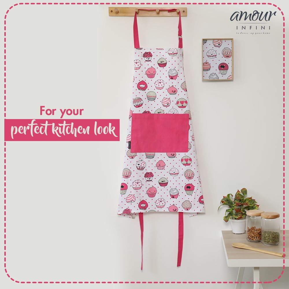 AMOUR INFINI Cotton Aprons for Women with Pocket, Adjustable Strap & Waist Ties - Printed Aprons for Baking, Cooking, Gardening (27.5 x 33 Inches)