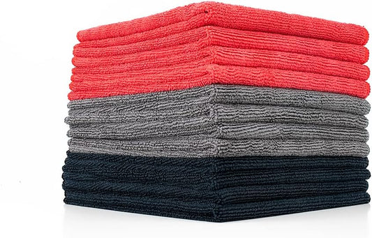 The Rag Company - All-Purpose Microfiber Terry Cleaning Towels - Commercial Grade, Highly Absorbent, Lint-Free, Streak-Free, Kitchens, Bathrooms, 300gsm, 16in x 16in, Red + Grey + Black (12-Pack)