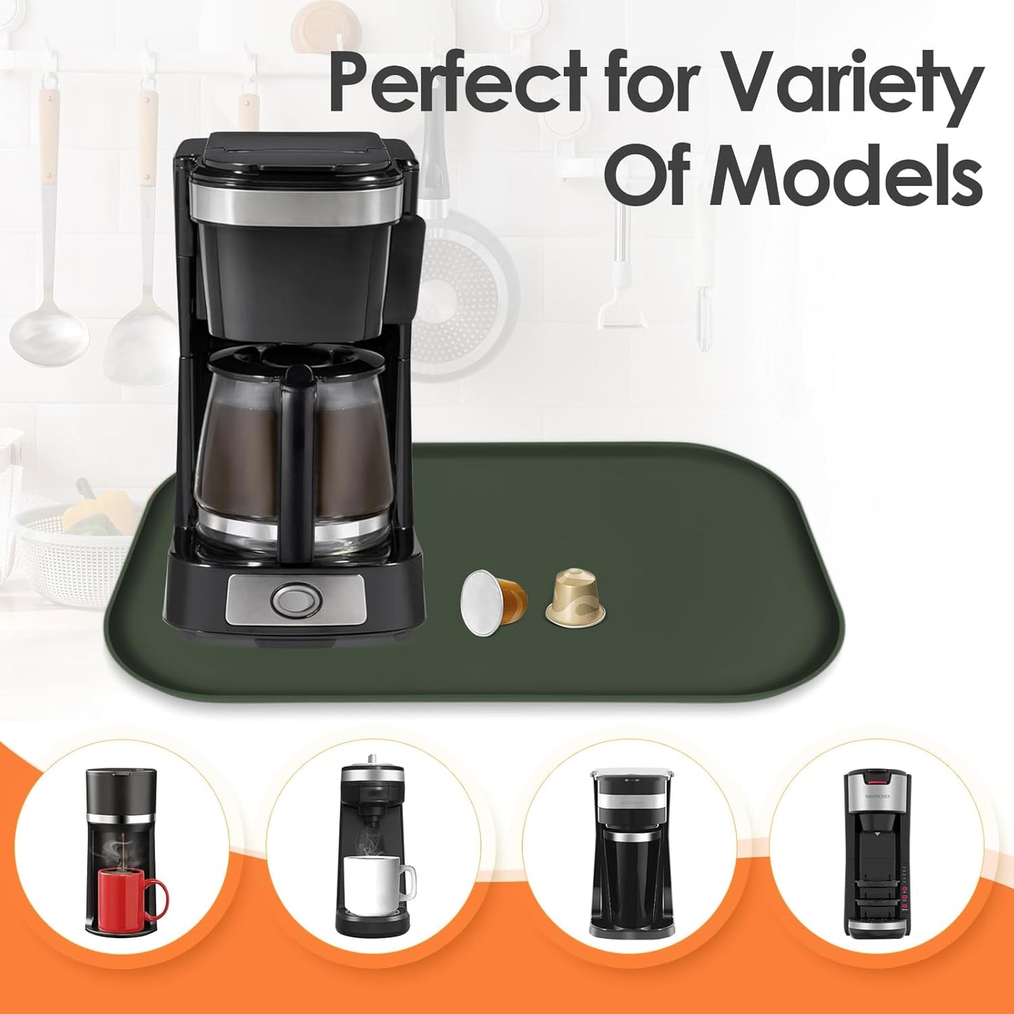 Silicone Coffee Maker Mat with Lip, 17.4'' x 10.6'' Heavy Duty Coffee Maker Mat for Countertops, Coffee Tray Fit Under Coffee Machine Appliance Automatic Machines Espresso Accessory, Dark Olive