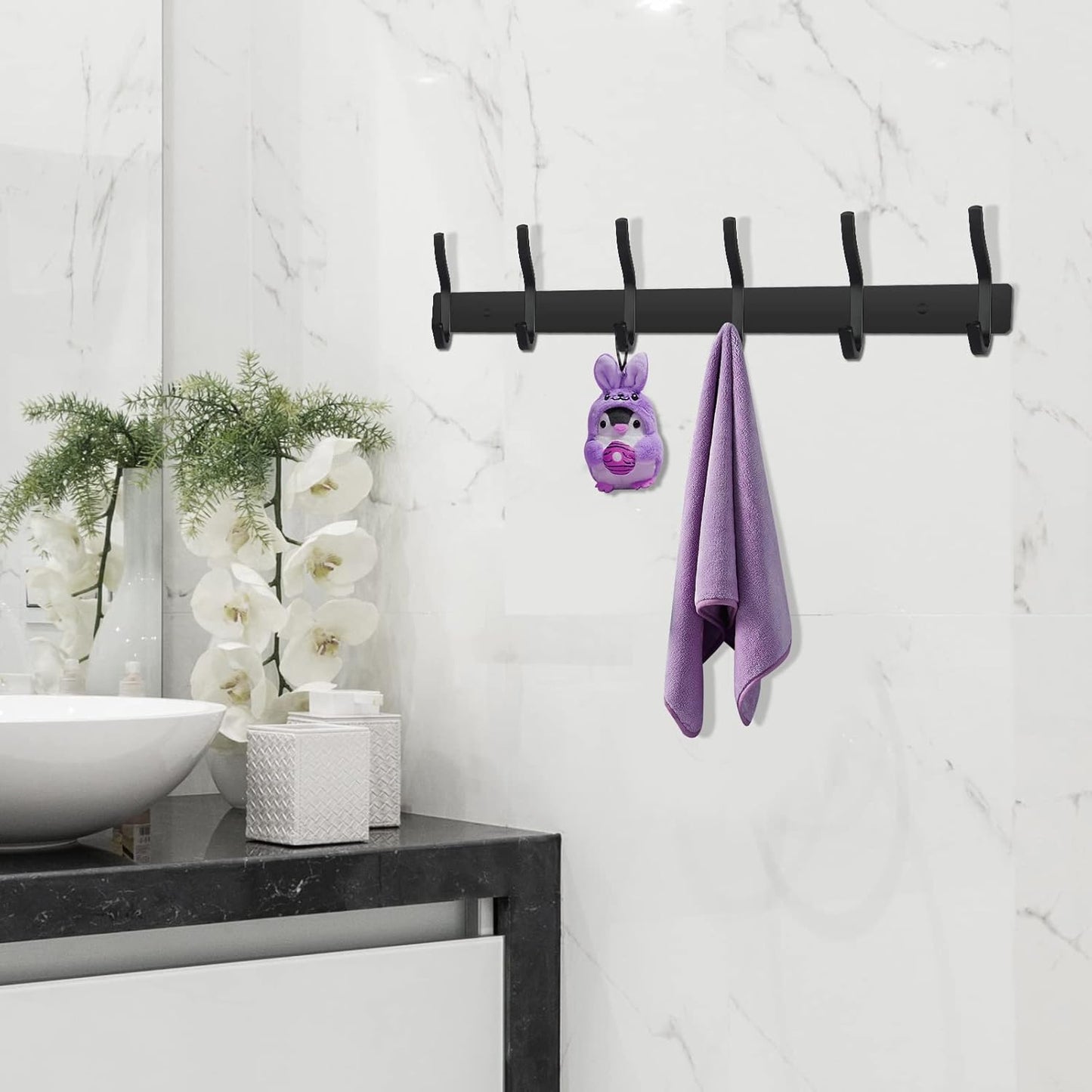 Wall Hooks Heavy Duty, 17 Inch Coat Rack Wall Mount with 6 Hooks, Black Wall Hooks for Hanging Backpack, Bag, Purse, Clothes, Hat, Coat, Towel | Entryway & Bathroom Storage Organization Hanger