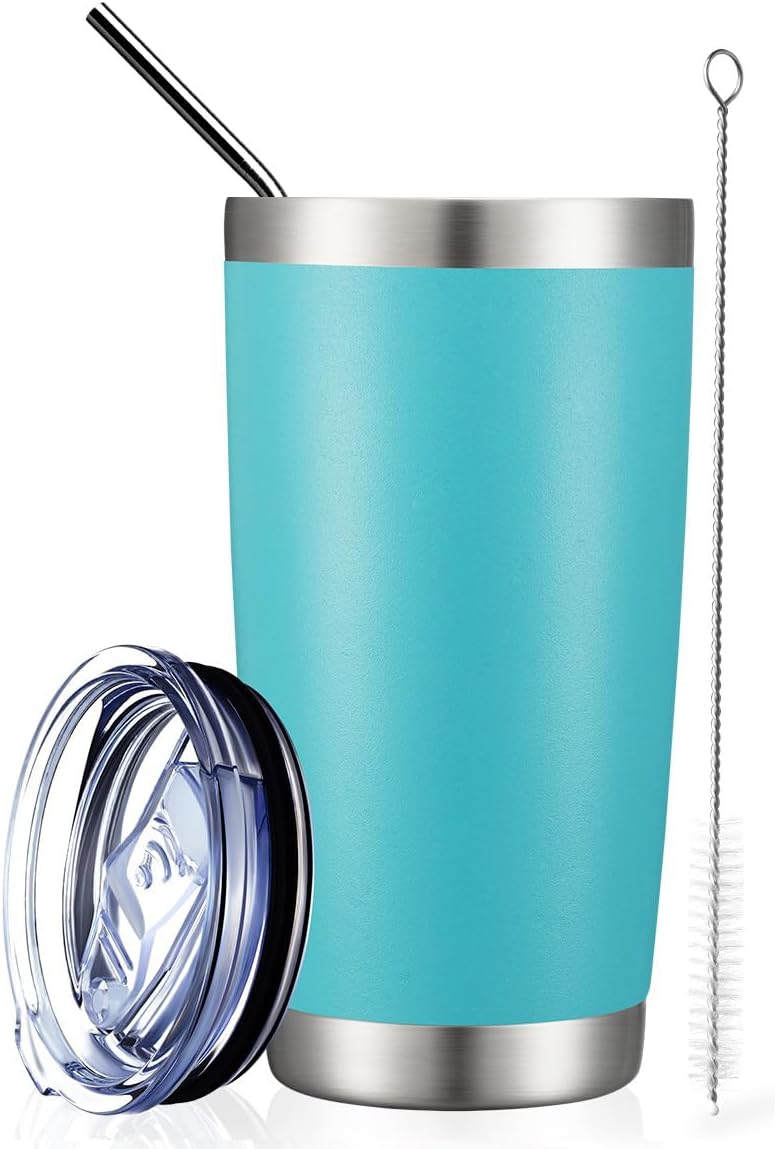 COMOOO 20oz Double Wall Vacuum Insulated Travel Mug, Stainless Steel Tumbler with Lid, Durable Powder Coated Insulated Coffee Cup for Cold & Hot Drinks, Light Blue