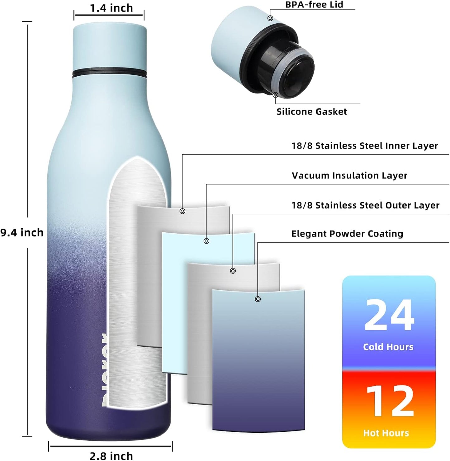 BJPKPK Insulated Water Bottles, 18 oz Stainless Steel Metal Water Bottle with Strap, BPA Free Leak Proof Thermos, Mugs, Flasks, Reusable Water Bottle for Sports & Travel, Ocean Dream