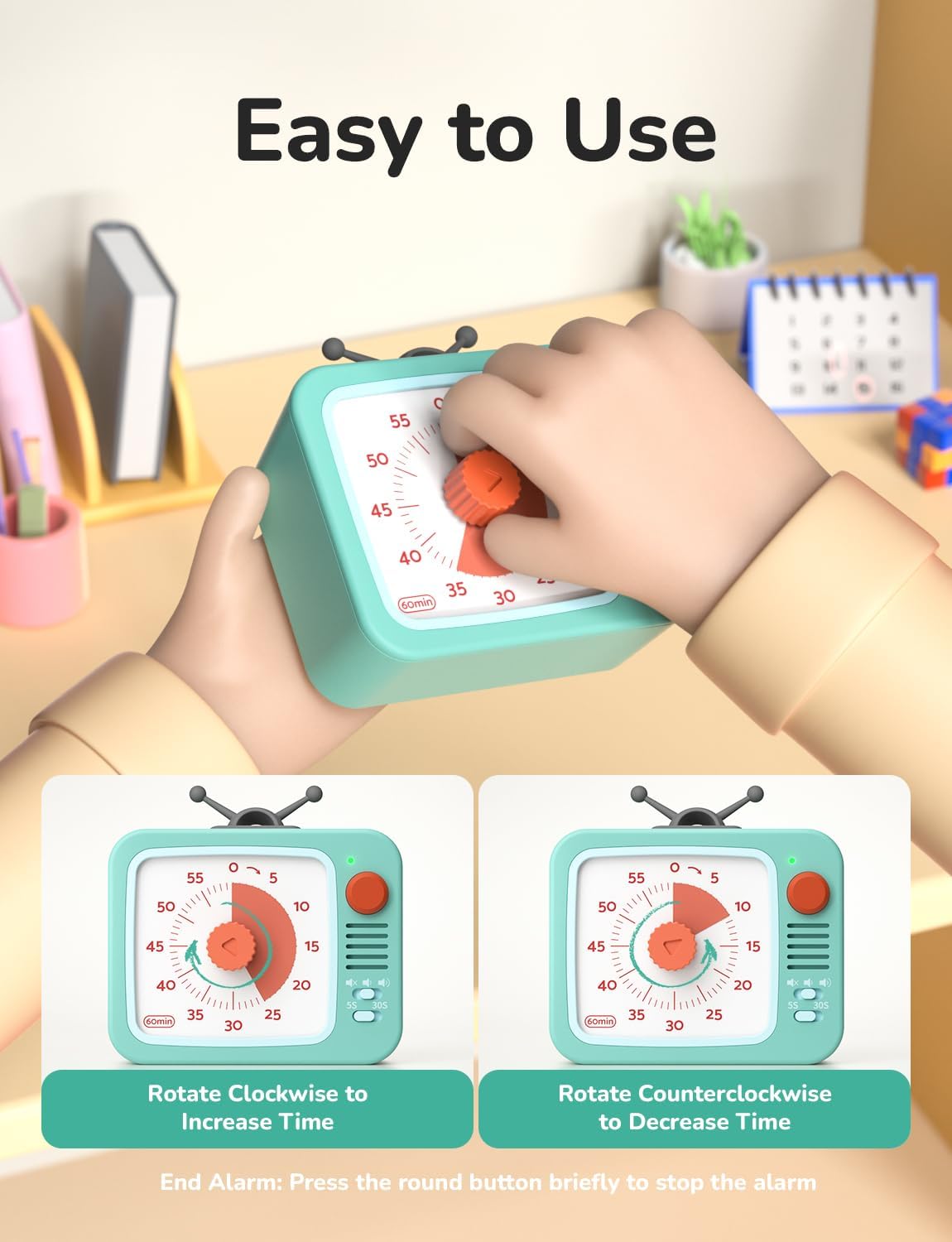 LIORQUE Visual Timer for Kids, 60-Minute Countdown Timers for Classroom Office Kitchen with Silent Operation, Kids Timer for Teaching with Cute Design