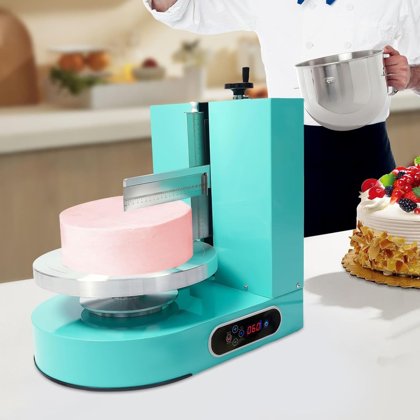 Cake Decorating Machine, Automatic Cake Cream Spreading Machine 200W for 4-12" Cakes, Cake Frosting Machine, 60-320rpm Rotating Speed, Turntable with Adjustable Scraper, LCD Display (Green)
