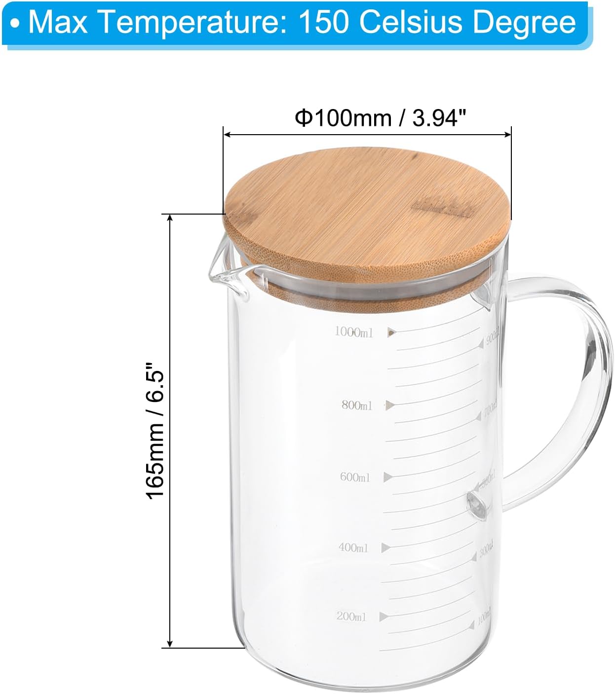 PATIKIL 1000ml Glass Measuring Cup, 3.3 Borosilicate Glass Graduated White Printed Scale Liquid Measure Cups Beaker with Wood Lid and V-Shaped Spout for Kitchen