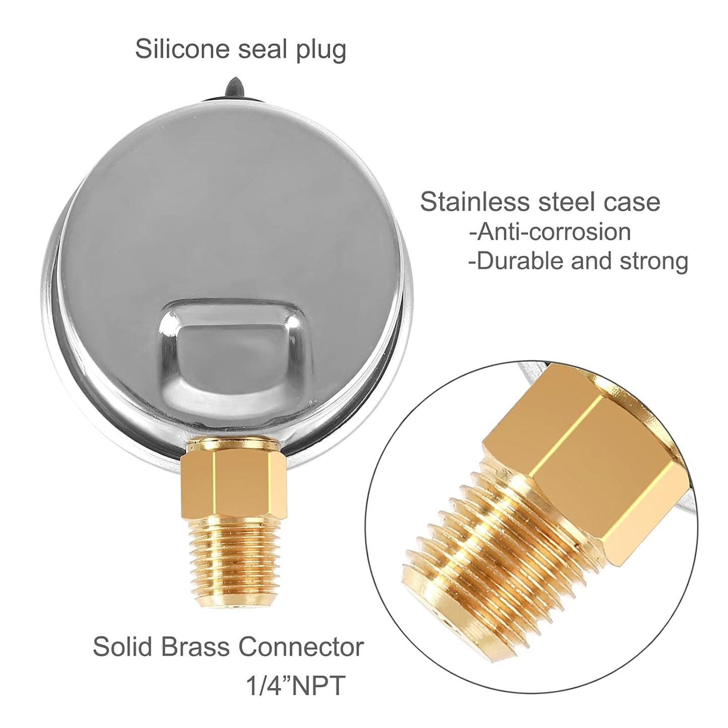 Glycerin Filled Pressure Gauge 3000psi/200bar, Stainless Steel case, Brass Inside Construction, 2-1/2" dial, 1/4" NPT Rear Connection.
