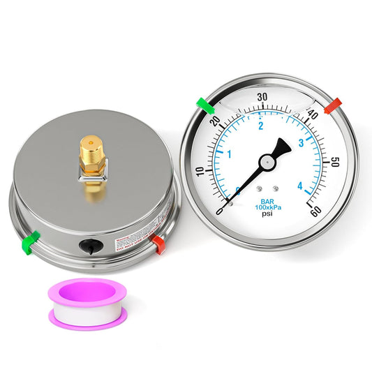 0-60PSI Stainless Steel Liquid Filled Pressure Gauge, 4" Dial Size, 1/4" NPT Back Mount, for Tube, Water Pump, Gas, Liquid, Pressure Test (with Range Mark Pointer)