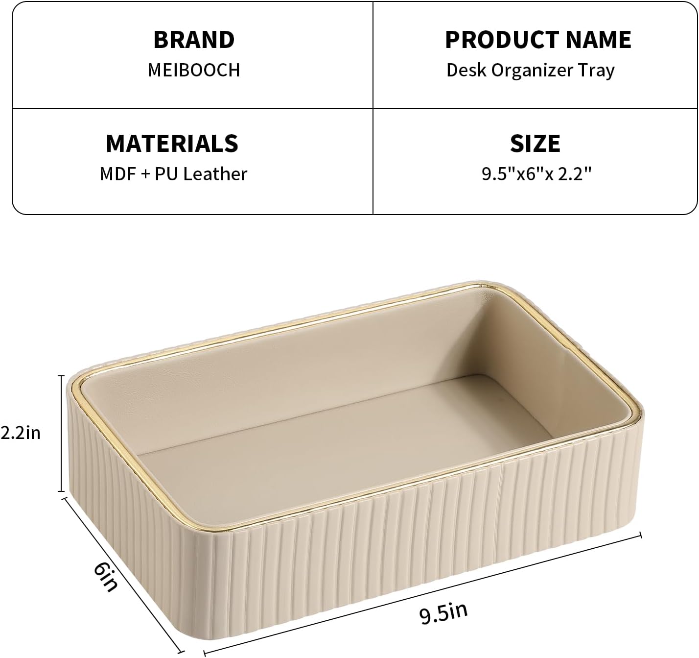 Desk Organizer Tray, PU Leather Valet Tray Nightstand Organizer Cologne Perfume Trays for Men Women, Decorative Vanity Trays Key Bowl Trinket Dish (Beige, 9.5" x 6" x 2.2")