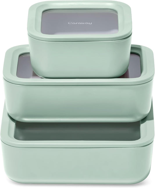 Caraway 3pc Glass Food Storage Set – 10 Cup, 6.6 Cup, & 4.4 Cup Food Containers - Ceramic Coated - Non Toxic Non Stick Lunch Box with Glass Lids - Dishwasher, Oven, & Microwave Safe - Mist