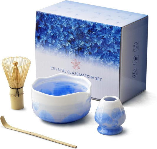 Natural Crystal Flower Matcha Set - 4 Pcs Food Grade Matcha Kit with Spouted Bowl, Matcha Whisk, Scoop and Chasen Holder - Matcha Tea Ceremony Gift for Matcha Lovers (Mist Azure)