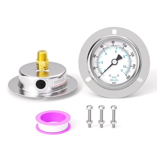 0-160PSI Panel Mount Front Flanged Glycerin Filled Pressure Gauge, 2.5" Dial Size, 1/4" MNPT Back Mount, Stainless Steel Case, with Phillips Screw and Nut, for Water, Gas, Liquid Pressure
