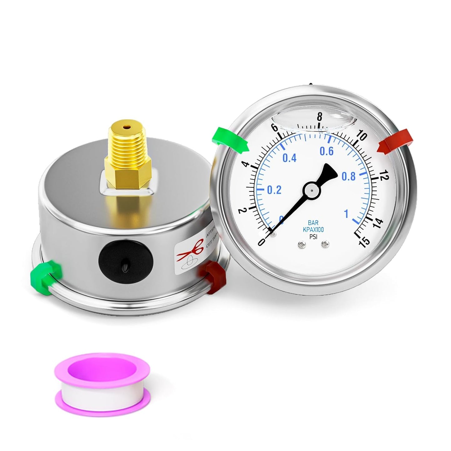 0-15psi Stainless Steel Glycerin Liquid Filled Pressure Gauge 1/4" NPT 2.5" Face Dial Center Back Mount, for Water, Oil and Air Pressure Testing (with Range Mark Pointer)