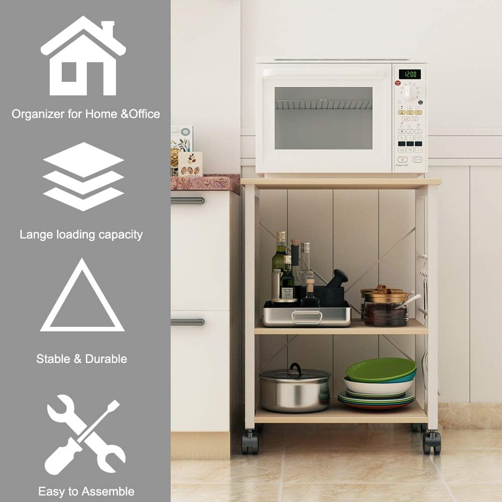 DlandHome Standing Baker's Racks Appliance Table Small Rolling Kitchen Cart Microwave Cart Stand, 3-Tier Kitchen Baker's Rack Utility Cart Microwave Stand Kitchen Shelf, W4-Maple