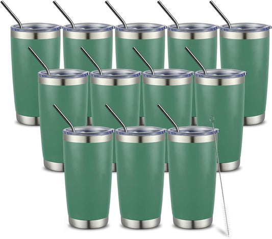 COMOOO 20oz Double Wall Vacuum Insulated Travel Mug Bulk Stainless Steel Tumbler with Lid and Straw Durable Powder Coated Insulated Coffee Cup for Cold & Hot Drinks Green 12 pack