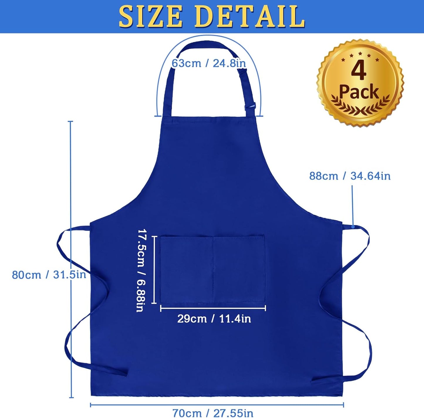 4 Pack Chef Apron, Adjustable Apron with 2 Pockets, Unisex Personalised Apron for Cooking, Kitchen, Restaurant