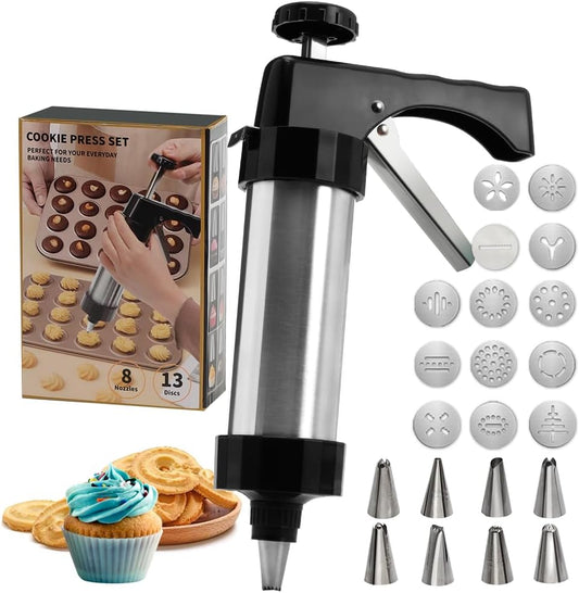 Stainless Steel Cookies Press, Cookies Press for Baking,Cookie Press Gun Kit with 13 Cookie Discs and 8 Piping Tips for DIY cake Maker Decorating Baking Supplies