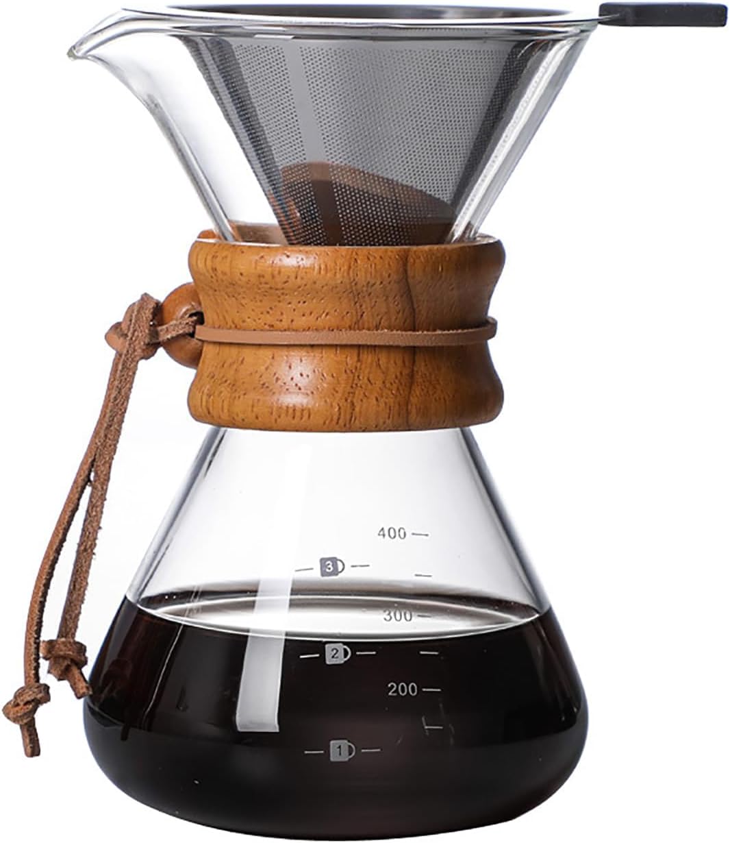 Pour Over Coffee Maker with Reusable Stainless Steel Drip Filter, Lead-Free Borosilicate Glass Coffee Carafe with Modern Wooden Collar for 1-2Cup, Circular Clear (400ml/13.5oz)