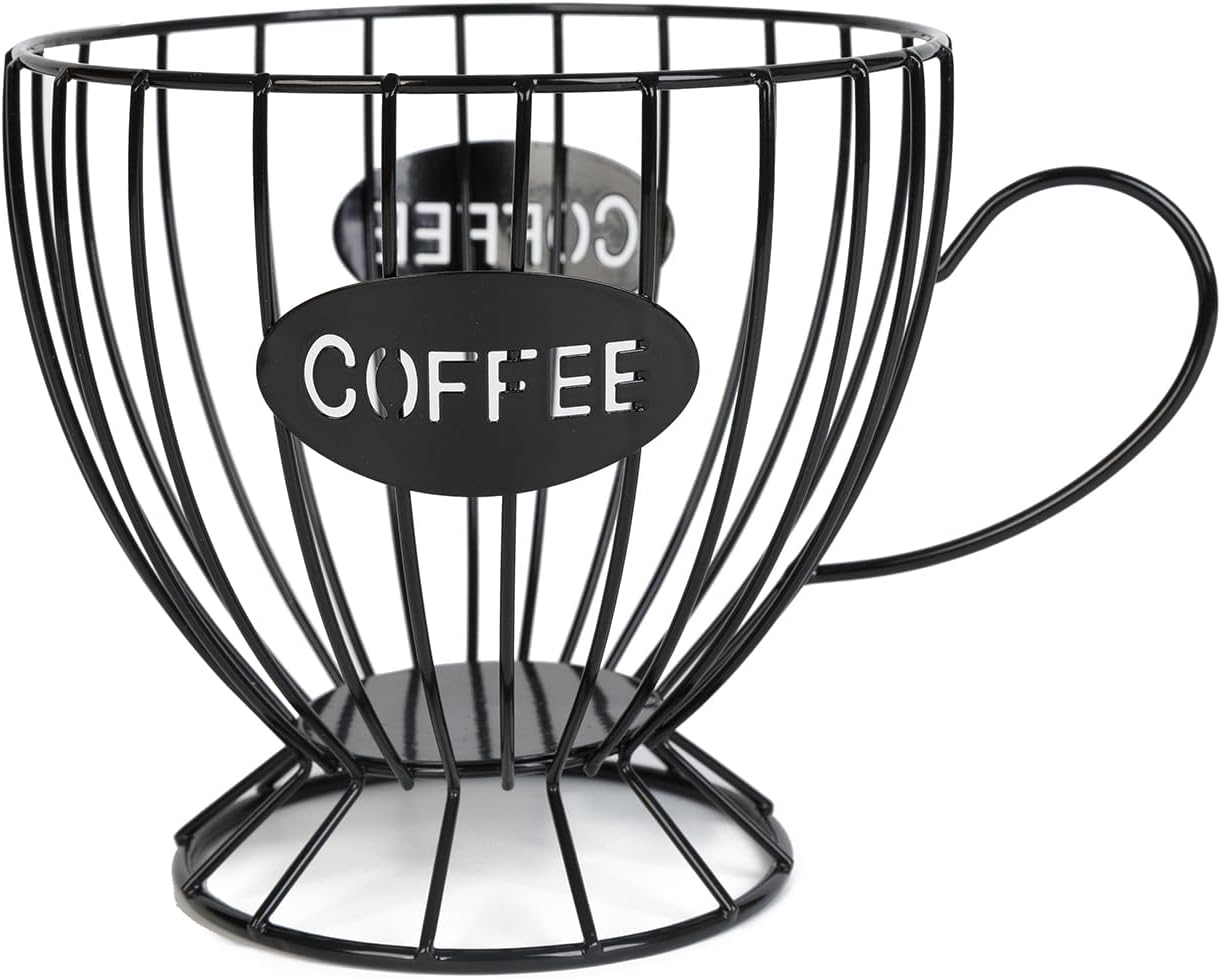 Coffee Pod Holder,Large K-Cup & Nespresso Capsule Organizer, Coffee Capsule Basket, Metal Coffee Bar Organizer for Kitchen Dinning Room Office Home Cafe Hotel (Black-Tea Cup )