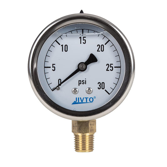 Pressure Gauge,Glycerin Liquid Filled,2.5" Dia,0-30 psi(Single Scale),1/4" NPT Brass Connection,Lower Mount, Stainless Steel Case,for Pneumatic,Pump,Hose,Well Tank,Gas Air Water Oil