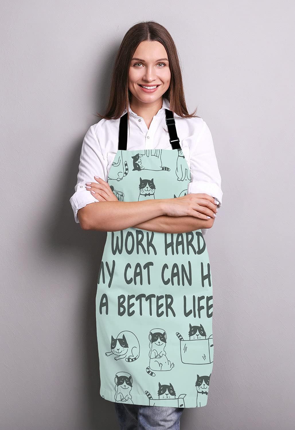 Funny Cat Adjustable Bib Apron, I Work Hard So My Cat Can Have A Better Life Cooking Kitchen Apron for Men Women