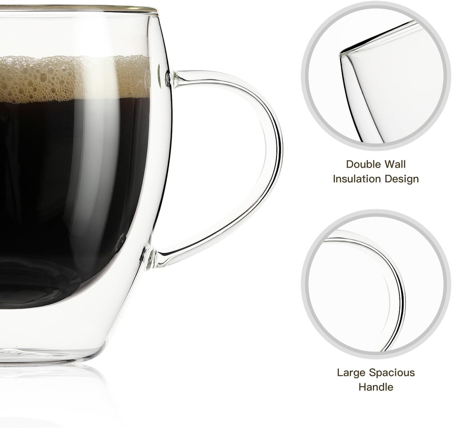 Aurzen 2 Pack Double Walled Glass Coffee Mugs with Handles 8.5oz, Large Insulated Layer Coffee Cups, Clear Borosilicate Mugs, Perfect for Cappuccino, Tea, Microwave Safe (8.5oz-2Pack)