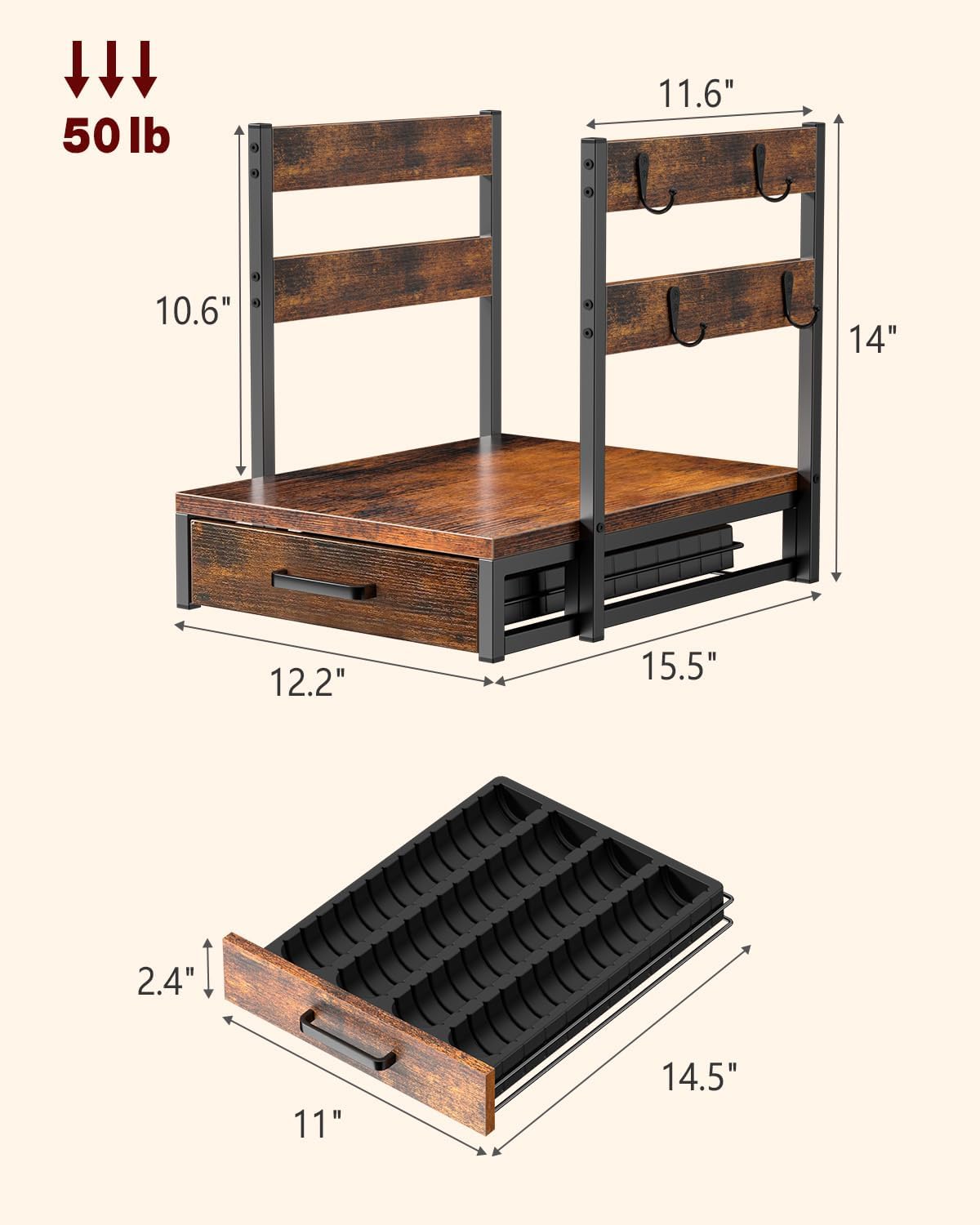 Coffee Pod Holder, Vertuo Pod Holder Compatible with Nespresso, 28 Large or 56 Small Nespresso Capsule Organizer Drawer Station with Cup Rack, Rustic Brown
