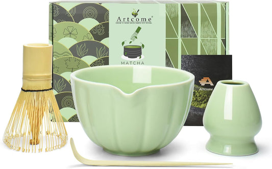 Artcome 4 Pcs Japanese Matcha Tea Set - Matcha Bowl with Pouring Spout, Matcha Whisk, Tea Scoop, Whisk Holder, Handmade Matcha Ceremony Kit For Japanese Tea Ceremony, Green