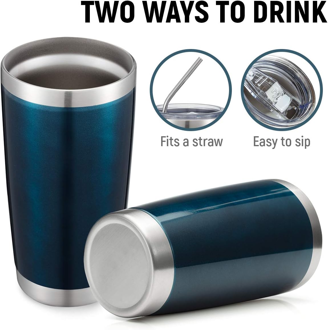 COMOOO 20oz Double Wall Vacuum Insulated Travel Mug, Stainless Steel Tumbler with Lid and Straw Durable Powder Coated Insulated Coffee Cup for Cold & Hot Drinks (Peacock Blue. 2 pack