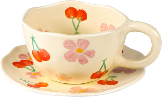 Cappuccino Cups with Saucers 8 oz Latte Art Cup Ceramics Coffee Mugs Irregular Aesthetic Flower Cups for Espresso, Double Shot, Americano, Latte, Tea - Microwave and Dishwasher Safe (Pink Cherry)