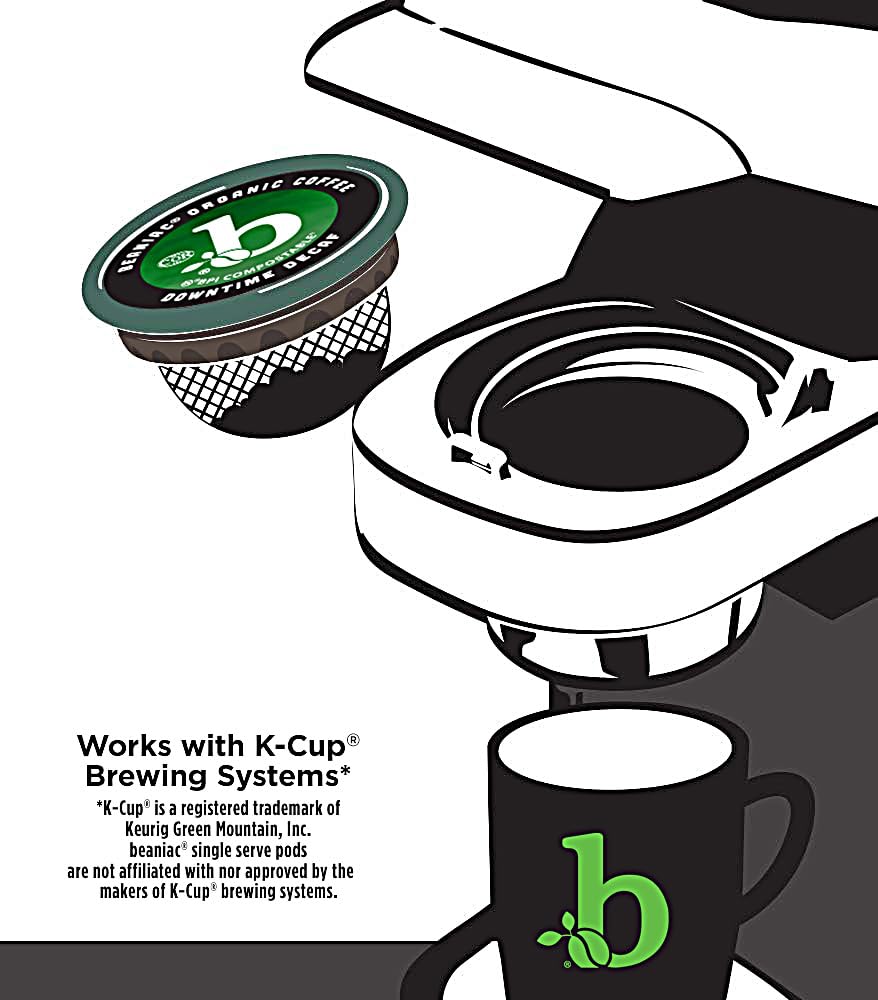 beaniac Organic Downtime Decaf Swiss Water Decaffeinated, Medium Roast, Single Serve Compostable K Cup Coffee Pods, Organic Arabica Coffee, Keurig Brewer Compatible, 30 Count