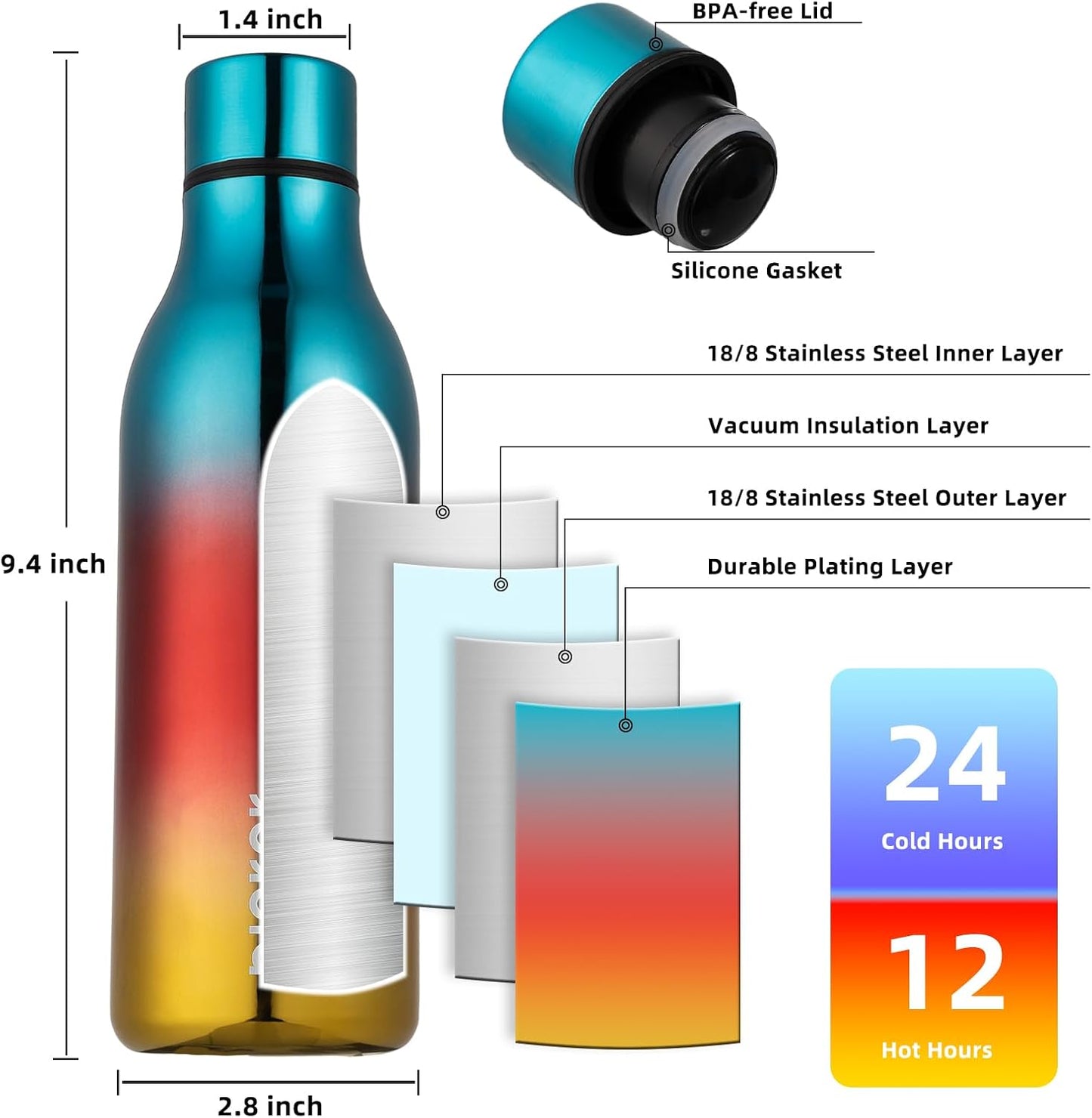 BJPKPK Insulated Water Bottles, 18 oz Stainless Steel Metal Water Bottle with Strap, BPA Free Leak Proof Thermos,Mugs,Flasks, Reusable Water Bottle for Sports & Travel, Caribbean Sunrise