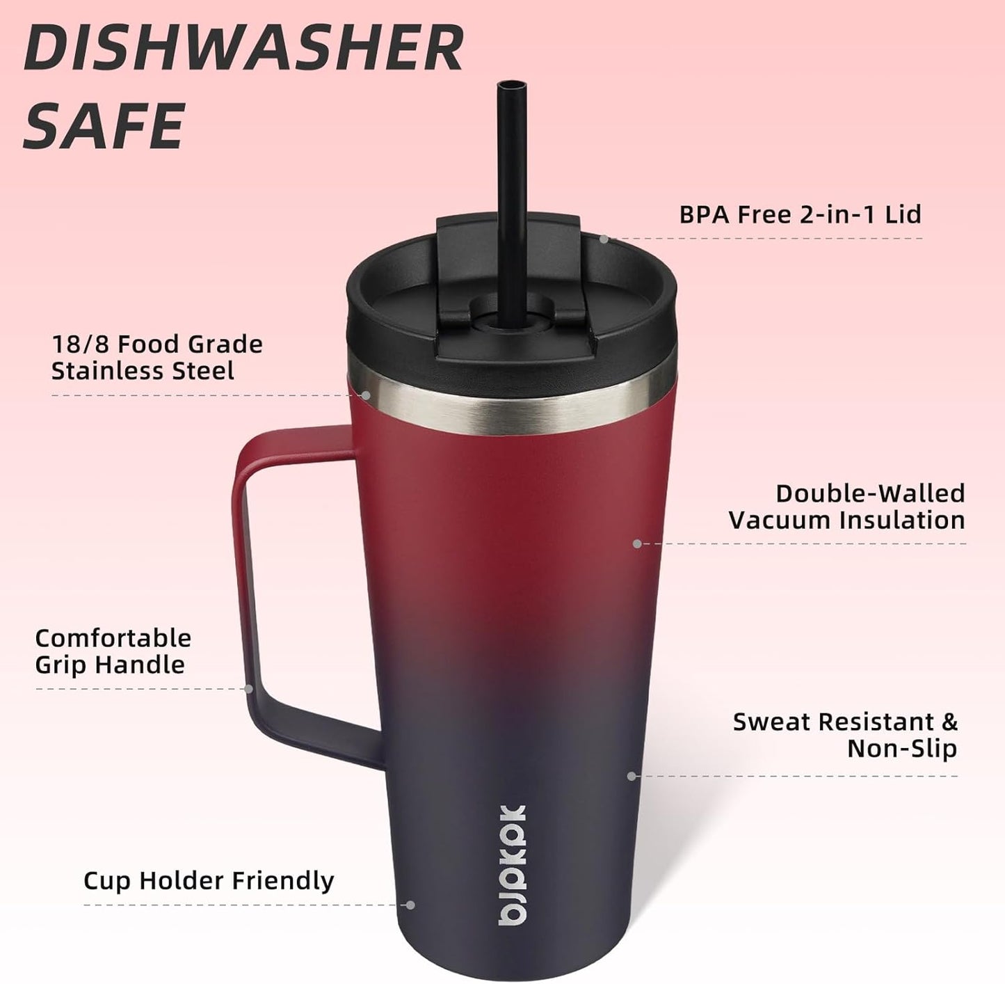 BJPKPK Insulated Tumbler with Handle, 22oz Insulated Tumblers with Lid and Straw, Stainless Steel Metal Water Bottles, Coffee Travel Mugs, Cups, Charming Red