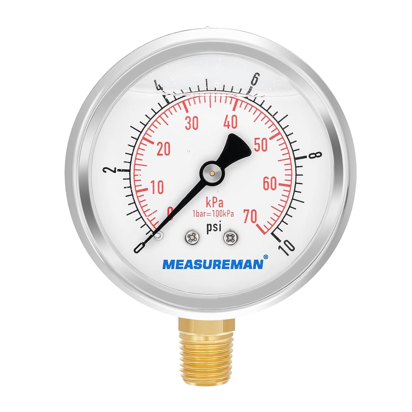 MEASUREMAN 2-1/2" dial,Glycerin Filled, Stainless Steel case, Brass Inside, 0-10psi/kpa,1/4" NPT Lower Mount
