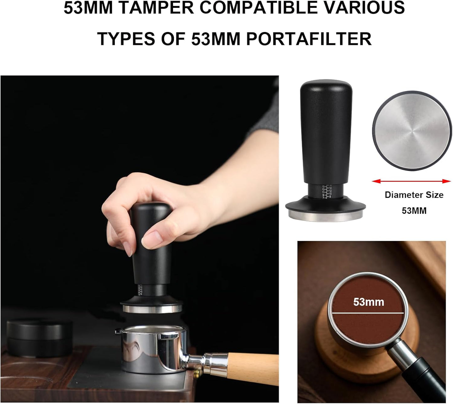 53mm Espresso Tamper,Spring Loaded Tamper with Stainless Steel Flat Base,Compatible with 53mm Portafilter,Coffee Tamper for Coffees Enthusiast and Home Barista