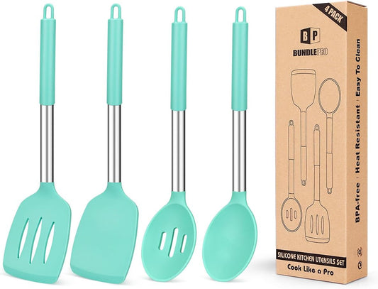 Pack of 4 Silicone Cooking Utensils Set, Non Stick Large Solid Spatulas, Heat Resistant Blue Slotted Spoons, Ideal BPA Free Kitchen Turners for Frying, Mixing,Serving,Draining,Turning,Stirring