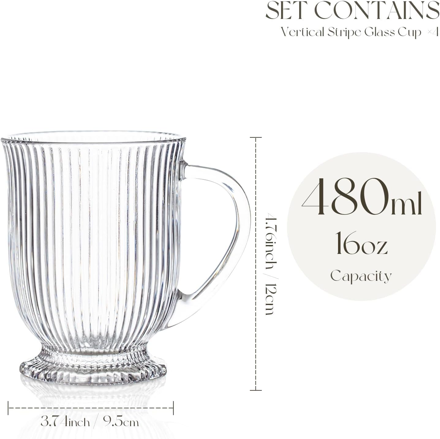 Clear Ribbed Glass Coffee Mugs Set of 4 with Spoon,16 Oz Large Glass Tea Cups with Handle Diner Latte Cups with Footed Base for Hot Beverages,Cappuccino & Espresso Cups, Stylish Drinkware