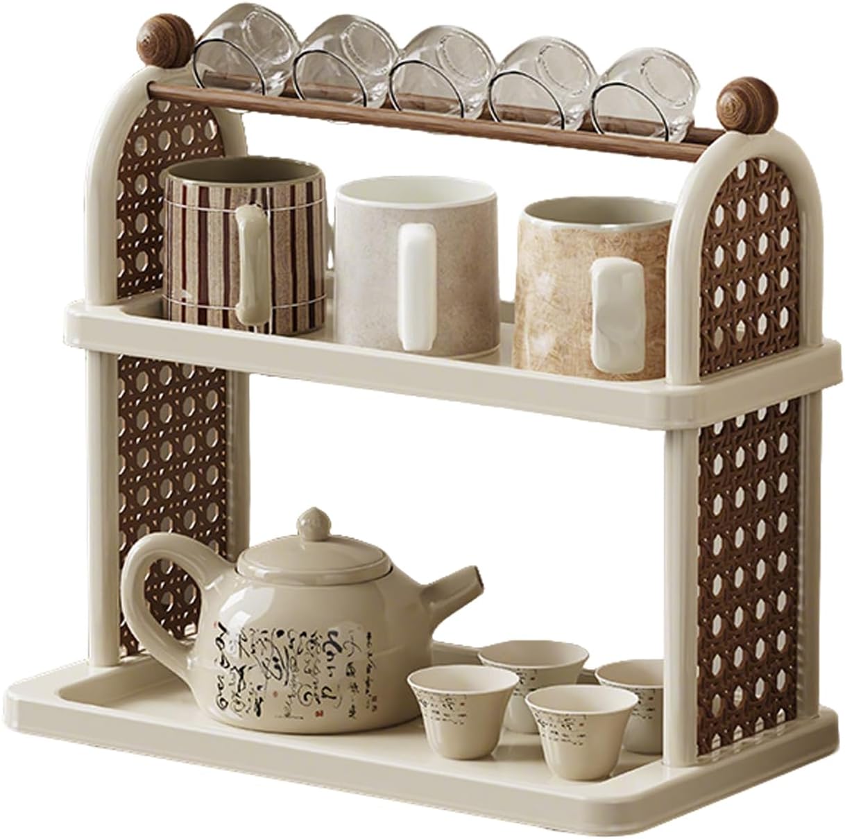 2-Tier Rattan Organizer Vintage Coffee Mug Cup Holder for Countertop Kitchen Bedroom and Living Room, Saucer Bottle Storage Kitchen Accessories (White)