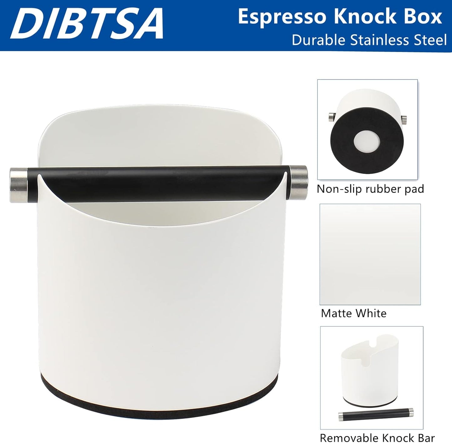 Coffee Knock Box, Espresso Knock Box Stainless Steel Espresso Machine Accessories with Removable Knock Bar and Non-Slip Base Coffee Grounds Container Bin, Large (White)