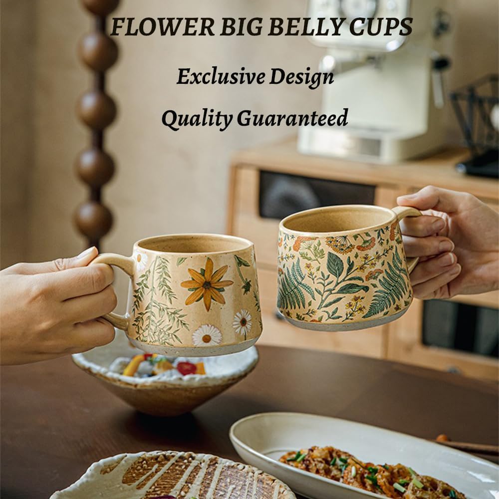 Floral Coffee Cup, 12oz Ceramic Hand Painted Porcelain Mug with Premium Gold Spoon, Cup for Cappuccino, Macchiato, Latte, Cafe, Tea, Unique Gift Idea (Summer's Whispers + Graceful Daisies)
