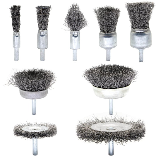 9-Piece Large Wire Brush Wheel Set - Metal Rust Removal, Polishing, Cleaning - 1/4″ (6mm) Shaft - Removes Burrs, Dust, and Paint - Handles Rough Surfaces - Rotary Tool Accessories