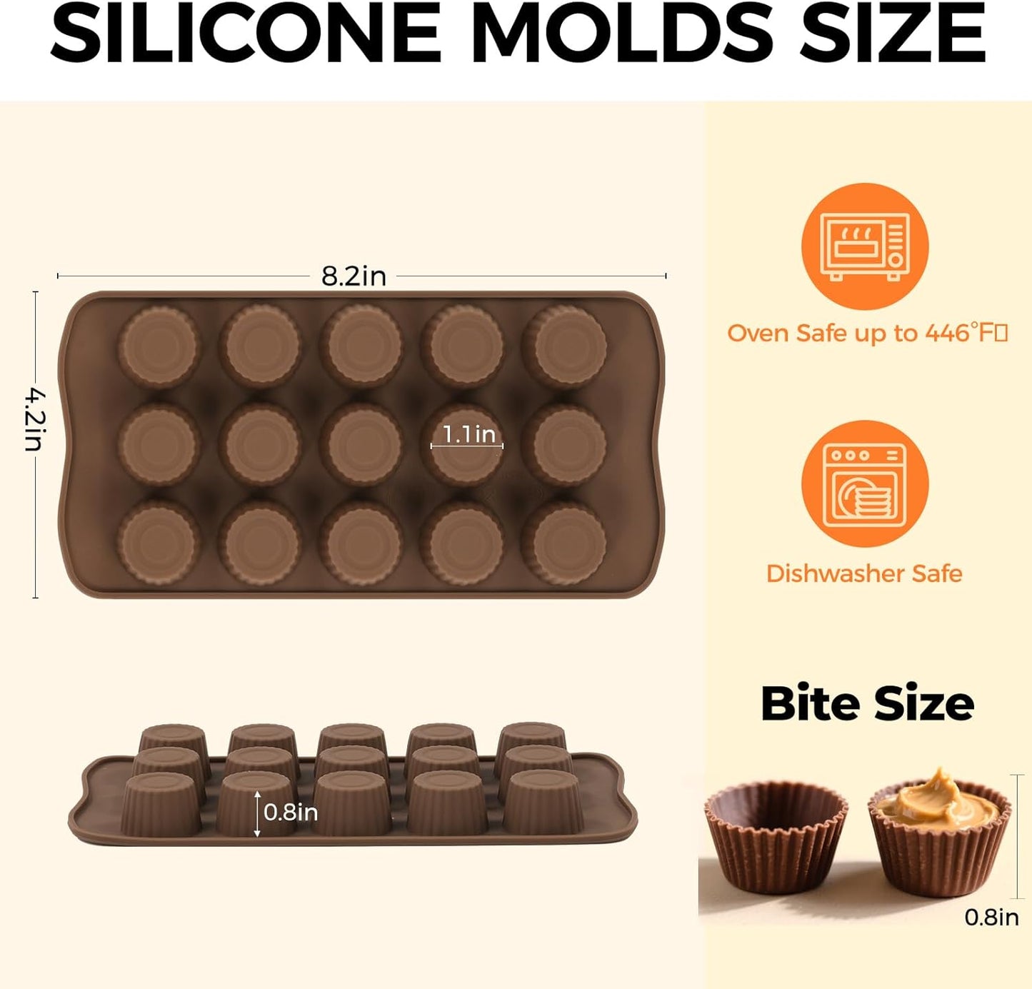 Peanut Butter Cup Mold, 15 Cavity Chocolate Candy Molds, Silicone Baking Mold for Snack Size Mini Peanut Butter Cup, Jelly, and Cordial, Pack of 2
